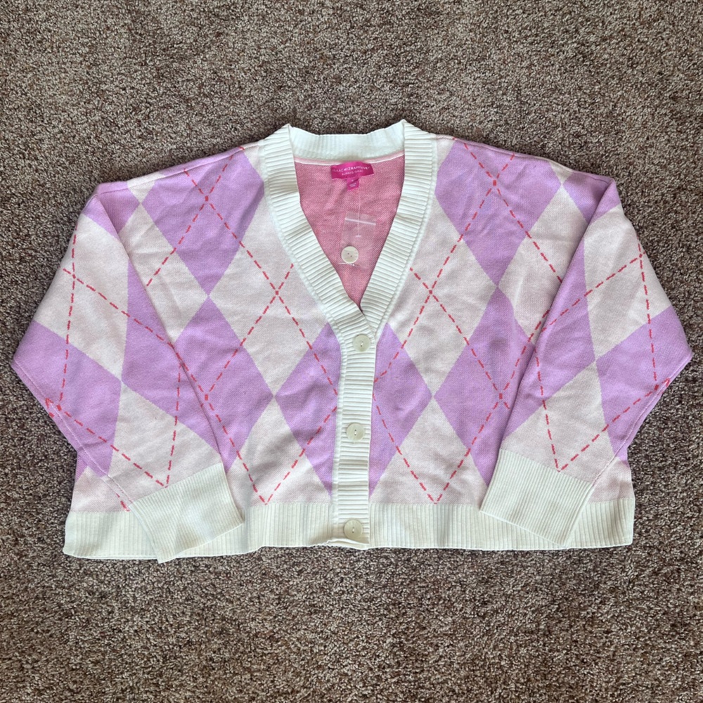 Purple Ice Argyle Preppy Jacquard Button Cardigan